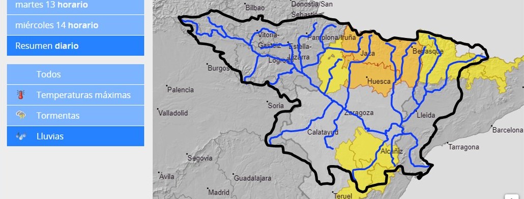 AVISO HIDROLÓGICO - Debido a las lluvias, se intensifica la vigilancia en cauces con cuenca vertiente pequeña y barrancos en Pirineo, Prepirineo oriental e Ibérica oriental