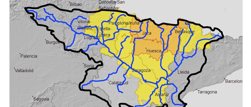 AVISO HIDROLÓGICO - Debido a las lluvias, se intensifica la vigilancia en cauces con cuenca vertiente pequeña y barrancos en buena parte de la Comunidad Foral de Navarra, norte y este de Aragón y en todo el Pirineo occidental de Cataluña