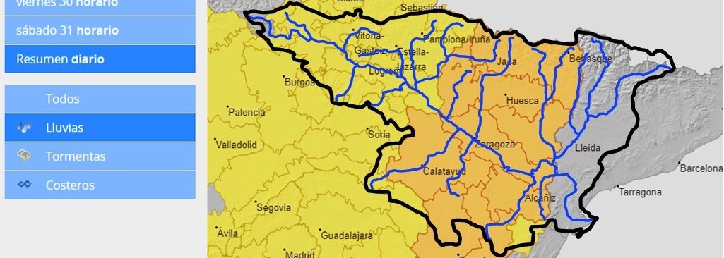 AVISO HIDROLÓGICO - Debido a las lluvias, se intensifica la vigilancia en cauces con cuenca vertiente pequeña y barrancos en toda la cuenca del Ebro, salvo la parte más oriental