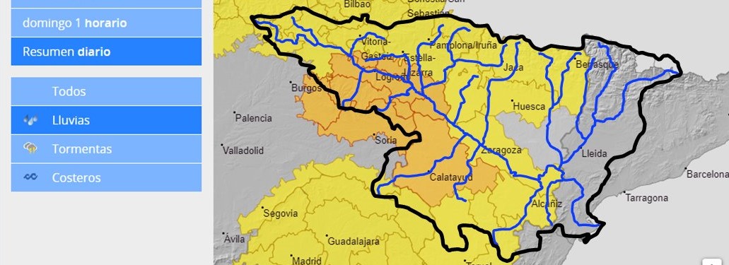 AVISO HIDROLÓGICO - Debido a las lluvias, se intensifica la vigilancia en cauces con cuenca vertiente pequeña y barrancos en toda la cuenca del Ebro, salvo la parte más oriental