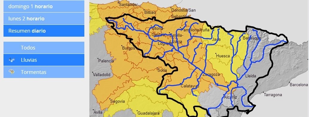 AVISO HIDROLÓGICO - Debido a las lluvias, se intensifica la vigilancia en cauces con cuenca vertiente pequeña y barrancos en toda la cuenca del Ebro, salvo el extremo más oriental